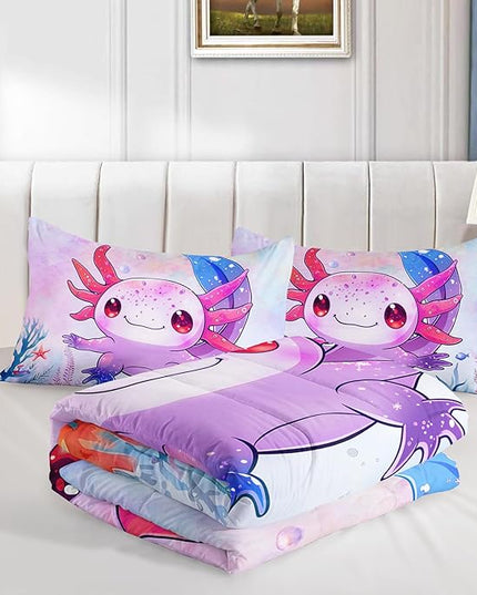 Cute Axolotl Bedding Set King Size,Pink Axolotl Waterweed Pattern Toddler Bed Comforter Set,Kawaii Sea Life Bedding Sets for Kids Boys Girls Room Decoration with 2 Pillowcases.