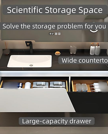 60IN Luxury Suspended Bathroom Vanity - Modern Bathroom Cabinet Combination Set with Sensor Light, Makeup Mirror Contains LED Lights & Defogging Function | Wide Countertop, 2 Drawers (Mirror cabinet)