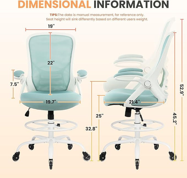 HYLONE Drafting Chair Tall Office, Ergonomic Standing Desk Stool Adjustable Drafting Chair Big Tall Drafting Office Chair Blue
