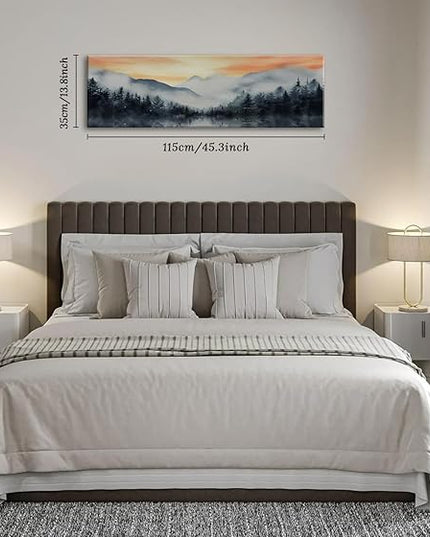 Forest Sunset Wall Art - 13.8"x45.3" Large Framed Canvas Print, Misty Mountain Landscape Painting, Nature Scenery Decor for Living Room, Bedroom, Office, Ready to Hang