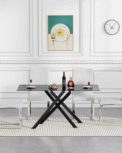 HomVent 5 Pieces Rectangular Glass Dining Table Set, Black Glass Dinner Table for 4 Kitchen Table Set with 4 PU Dining Chairs for Kitchen
