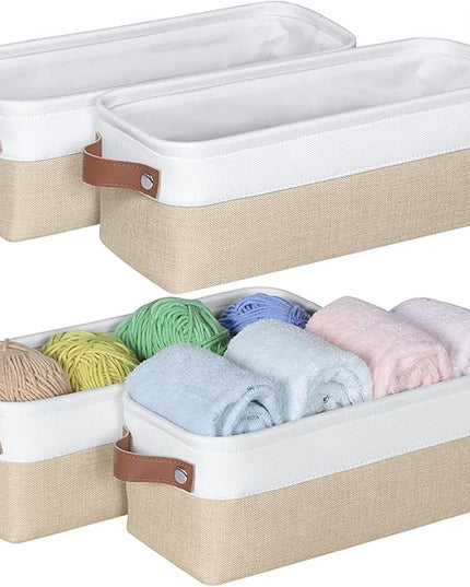 Kntiwiwo Small Fabric Storage Bins, 15x6x5 inch Narrow Storage Baskets 4-Pack Long Storage Basket for Organizing with Handles, Decorative Basket for Closets, Shelves, Toilet Paper, Beige