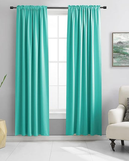 DONREN Black Out Window Curtains for Living Room - 90 Inch Room Darkening Thermal Insulated Rod Pocket Curtain Panels (Turquoise,1 Pair)