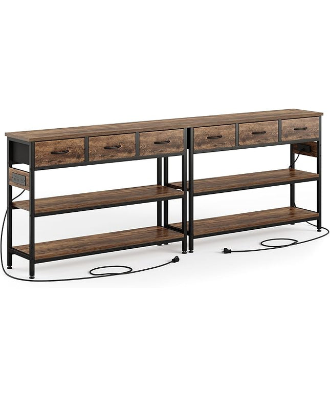Lulive 2 Pack Entryway Tables with Power Outlets, Console Table with 3 Fabric Drawers, Sofa Table for Living Room, Hallway, Couch, Foyer, Height Adjustable