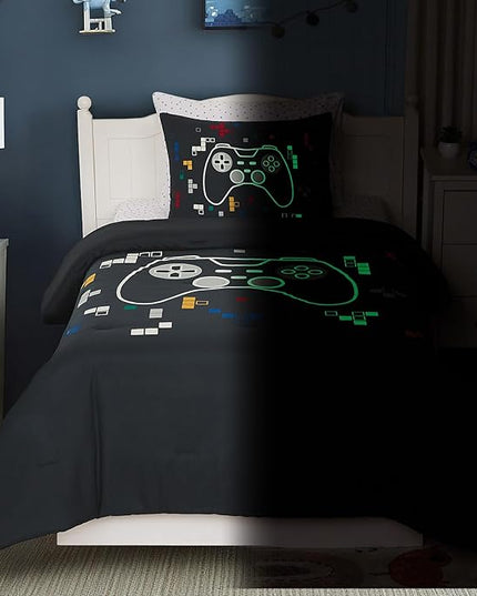 Twin Comforter Set for Boys-5 Pieces Gamer Glow in The Dark Twin Bedding Sets for Kids, Ultra Soft Bed in A Bag with Sheets