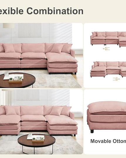 Modular Sectional Sofa, 108.27'' Modern Sleeper Couch with 3 Seat & 2 Ottoman & 3 Pillows Sofa Set, Comfy Cloud Couches with Movable Ottoman Deep Seat Sofa for Living Room,Chenille (Pink, U Shaped)