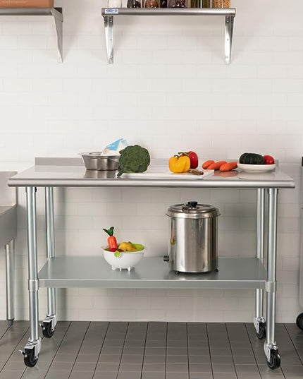 HARDURA Stainless Steel Table 24 x 60 Inches with Wheels Casters NSF Heavy Duty Commercial Prep Table with 2” Backsplash and Adjustable Undershelf for Restaurant Kitchen Home and Hotel
