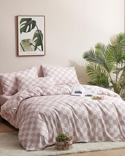 CLOTHKNOW Pink White Plaid Comforter Set Twin/Twin XL Grid Bedding Comforter Sets All Season Soft Checker Comforters with 2 x Pillow Cases