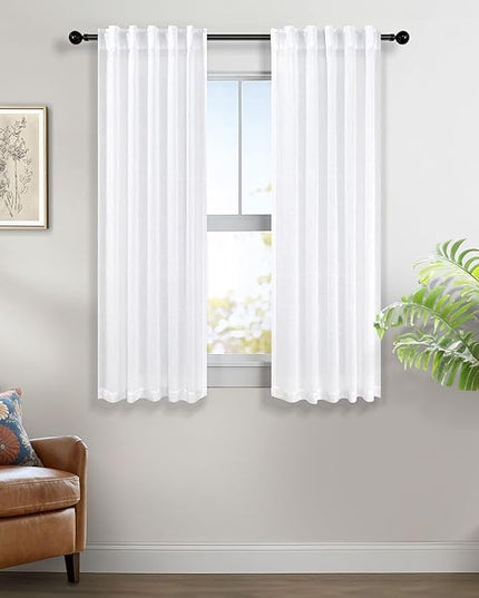 Pitalk White Curtains 38 Inch Width for Kitchen Windows 2 Panel Back Tab Rod Pocket Linen Cafe Tier Light Filtering Short Sheer Curtains for Bathroom Laundry Basement Farmhouse Decor Wide 38x45 Length