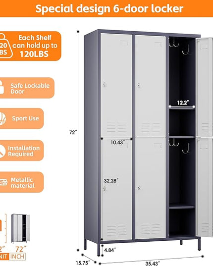 Aobabo Upgraded Metal Storage Locker for Employees, 6 Doors Metal Locker Cabinet with Lock and Name Card Slot, Industrial Storage with 18 Hooks, for Office Gym, Assembly Required,Grey White