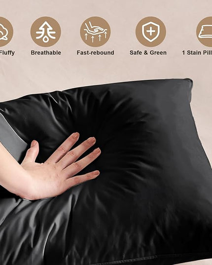 BHZ Black Satin Goose Down Feather Pillows Queen Size with Black Satin Pillowcase for Hair and Skin, Cooling Pillow Cases Similar to Silk Pillow Cases, Decorative for Women, Mom Men