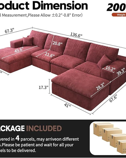136.6'' U-Shaped Modern Modular Sectional Cloud Couch Whit Ottoman, 4-Seat Chenille Deep-Seat Sofa with Pillow for Living Room, Bedroom, Apartment, Wine Red