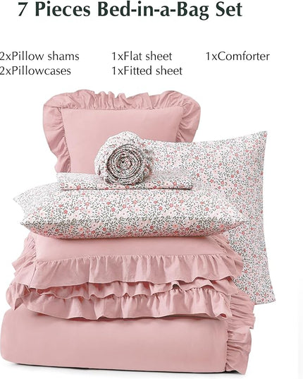 Queen Comforter Set - 7 Pieces Ruffle Soft Pink Bedding Sets, Shabby Chic Farmhouse Bed in a Bag Queen with Ruffle Comforter, Floral Sheets, Pillowcases & Shams
