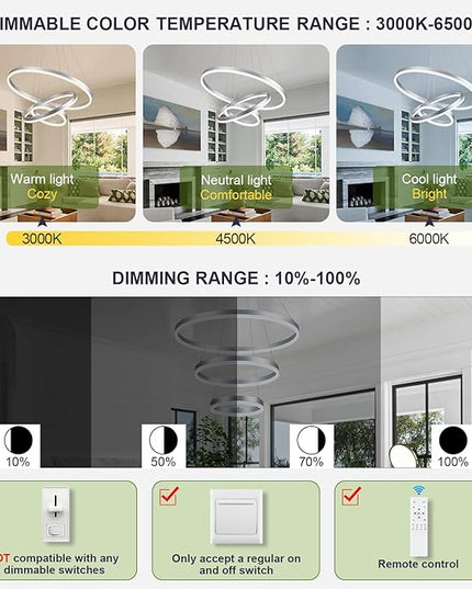 3-Rings D23.6 Modern LED Chandelier Silver Dimmable Pendant Lighting with Remote Control Circular Flush Mount High Ceiling Light for Dining Room Living Room Bedroom Entrance Foyer, 3000K-6500K