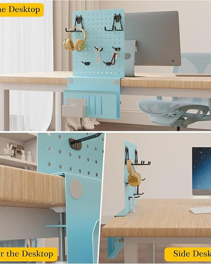 Desk Side Storage with Clamp-On Desk Pegboard, Steel Privacy Panel, No-Drill Desk Organizer with Pen Holder, Table-Side Laptop Holder for Office and Home (Blue)