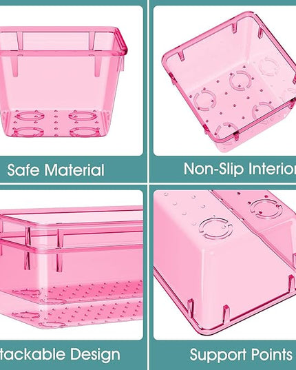 WOWBOX 25 PCS Plastic Drawer Organizer Set, 4 Sizes Desk Drawer Divider Organizers and Storage Bins for Makeup, Jewelry, Gadgets for Kitchen, Bedroom, Bathroom, Office, Clear Pink
