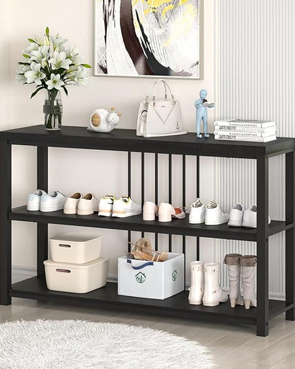 FOLUBAN Entryway Table, Modern Sofa Console Table with 3 Tier Storage Shelf for Living Room Hallway Foyer, Industrial Black Oak