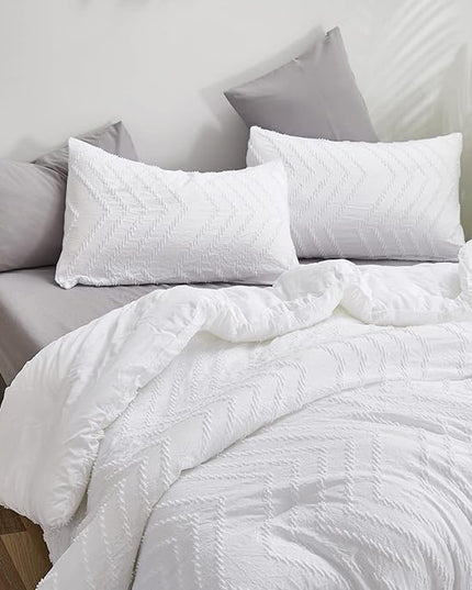 Houseri Boho Twin Tufted Comforter Set - Jacquard Embroidery Bedding - Shabby Chic - All White - Kids Solid Comforters & Quilts
