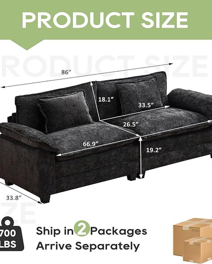 86" Modular Sectional Sofa, Comfy Cloud Couch Sectional Sofa with Ottoman, Chenille Sofa Sleeper Deep Seat Sofa with Throw Pillows for Living Room (Black, 86"- Loveseat)