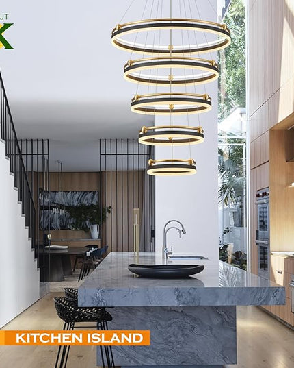 5-Rings Modern LED Chandelier Black Gold Dimmable Large High Ceiling Chandeliers Foyer, Remote Pendant Lighting for Foyer Entryway Dining Room Living Room Staircase(10-Ring Lighting, D29.5)