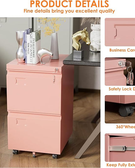 METAN 2 Drawer Vertical File Cabinet with Lock, Mobile Metal Filing Cabinet for Legal/Letter Size, Office Storage File Cabinet Under Desk with Card Holder,Assembly Required,Pink