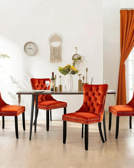 SoarFlash Velvet Dining Chairs Set of 4, Tall Back Side Chair, Modern Upholstered High-end Tufted Side Chair with Button Back Ring, Solid Wood Legs (Orange)