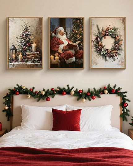 HOURIA Vintage Christmas Framed Canvas Wall Art Set,Santa Claus Reading Book Decor, Wreath Pinecone Berries Artwork,Cozy Night Tree Candle Lantern Prints for Living Room,Xmas 24"x36"x3