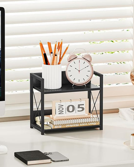 Giikin Kitchen Counter Shelf, 2 Tier Kitchen Spice Rack Organizer for Countertop, Wood Coffee Bar Organizer for Home (Black, S)