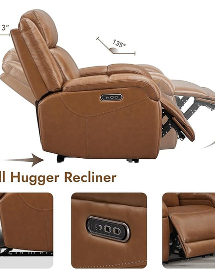 Watson & Whitely Genuine Leather Power Recliner Chairs for Adults, Wall Hugger RV Recliner with Power Headrest & Charging Ports, Electric Recliner Sofa Chair for Living Room, Saddle Brown