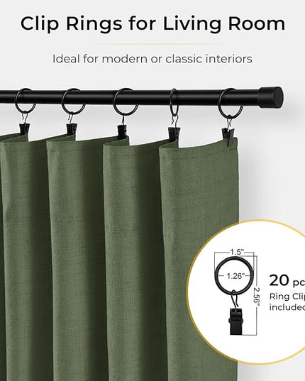 INOVADAY 100% Blackout Curtains for Bedroom, Black Out Curtains 108 Inch Long, Clip Rings Linen Blackout Drapes, Thermal Insulated Room Darkening for Living Room, 2 Panels - Moss Green,W50xL108