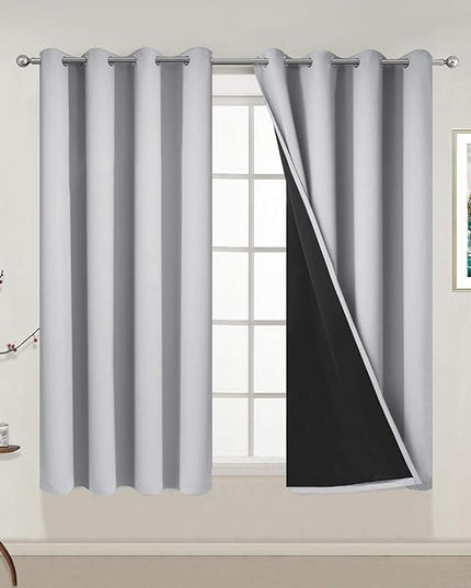 Yakamok 100% Blackout Curtains Energy Saving Thermal Insulated 2 Thick Layers Total Blackout Drapes with Black Liner for Bedroom (52Wx54L, Light Grey, 2 Panels)