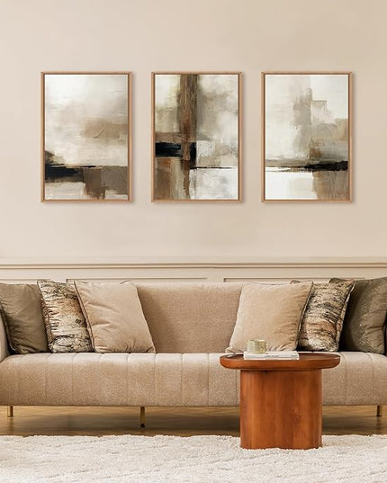 HOURIA Large Abstract Neutral Framed Canvas Wall Art Set,Brown Beige Wall Decor,Minimalist Textured Wall Painting,Modern Brush Stroke Line Art Print for Living Room,Bedroom,Office- 24"x36"x3