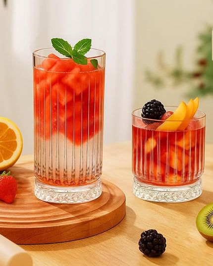 Ruckae Drinking Glasses Set of 8,15 oz and 7 oz Kitchen Water Glass Cups Set,Clear Ribbed Glassware Dishwasher Safe,Mixed Drinkware for Beer,Juice,Cocktail,Whiskey,Milk and Various Mixed Drinks