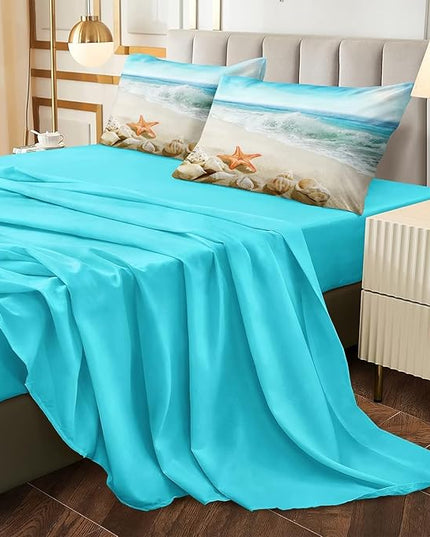Bedbay Beach Themed Comforter Set - Cal King, Sheets, Starfish Sea Life Printed - Women's Adult Coastal Bedding - Aqua
