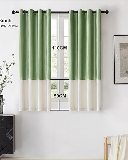 BULBUL Color Block Window Curtains Panels 63 inches Long Sage Green Ivory Velvet Farmhouse Drapes for Bedroom Living Room Darkening Treatment with Grommet Set of 2