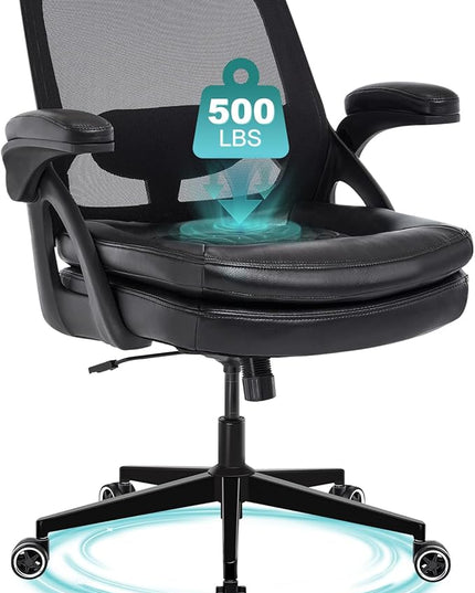 Big and Tall Office Chair, 500lbs Mesh Heavy Duty Ergonomic Desk Chair with Flip-up Armrests, Plus Size Wide Seat in PU Leather, 360 Swivel Computer Executive Task Chair for Home Office (Black)