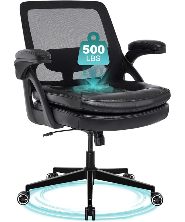 Big and Tall Office Chair, 500lbs Mesh Heavy Duty Ergonomic Desk Chair with Flip-up Armrests, Plus Size Wide Seat in PU Leather, 360 Swivel Computer Executive Task Chair for Home Office (Black)