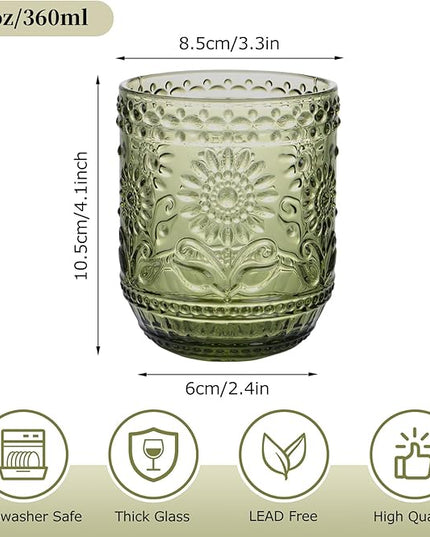 Glass Cups, Vintage Glassware Drinking Glass Set of 4, 12oz Colored Glassware with Sunflower Design, Embossed Floral Decorative Glasses Drinking Set for Beverage, Vintage Drinking Glasses (Green)