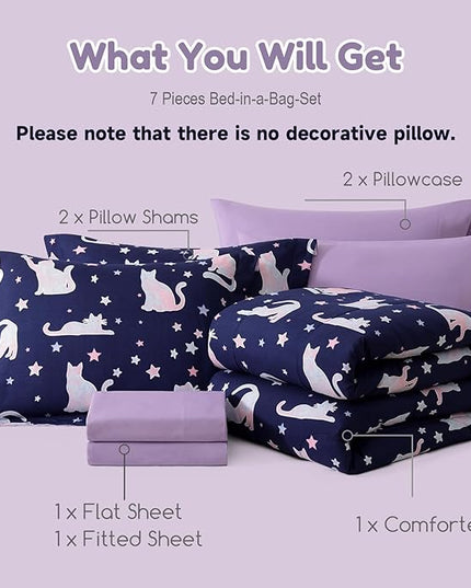 Full Size Comforter Set for Girls-7 Pieces Cute Cat Full Bedding Sets for Kids, Ultra Soft Bed in A Bag with Sheets