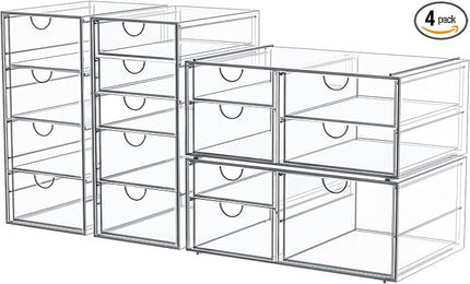 Makeup Organizer Storage with 16 Drawers, 4 Pcs Desktop Office Supplies, Desk Organizers, Clear Accessories, Dustproof Storage Drawer and for Make Up, Jewelry, Pen, Stationary