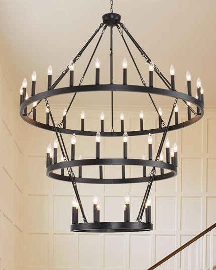 53" W Extra Large Black Wagon Wheel Chandelier, 3 Tier 48-Light Farmhouse Pendant Light Fixture for High Ceilings, Industrial Round Chandeliers for Dining Room Stairs Entryway Foyer, E12