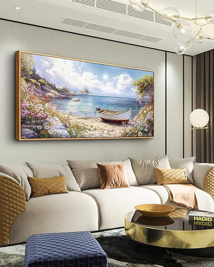 Wood Farmed Large Wall Decor For Living Room Canvas Wall Art For Office Modern Wall Decorations For Bedroom The Sea Boat Landscape Painting Farmhouse Pictures Artwork Room Home Decor 24x48 In