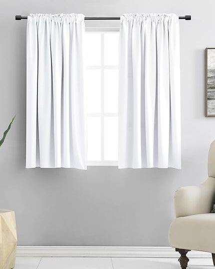 DONREN Pure White Kitchen Short Curtain Panels 45 inch Length, 50% Light Blocking Thermal Insulated Curtains for Dining Room Short Window (Set of 2, W 42 inches x L 45 inches)