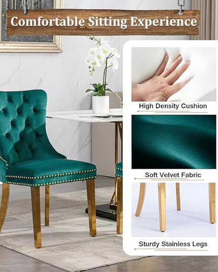 7 Piece Dining Table Set with 6 Green Dining Chairs, Modern Glass Kitchen Table and Chairs Set for 6, 70" Rectangle Gold Glass Pedestal Dining Room Tables with Flash-Shape Stainless Steel Base