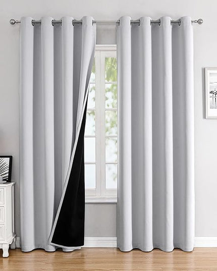 ChrisDowa 100% Blackout Curtains for Bedroom with Black Liner, 2 Thick Layers Total Blackout Thermal Insulated Grommet Window Curtains 2 Panels Set (Greyish White, 52 x 72 Inch)