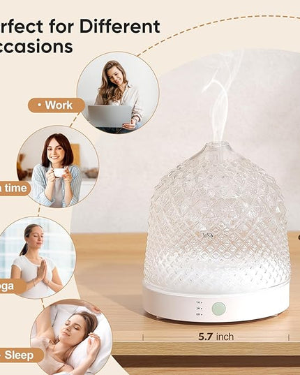 Glass Essential Oil Diffuser, 200ml Ultrasonic Aroma Diffusers with Glass Reservoir Dome & White Plastic Base Lock Color Auto-Off Timer 7 Color Light for Home Office Bedroom Yoga