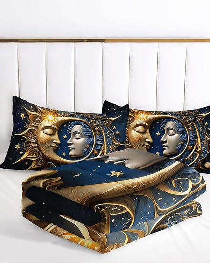 AILONEN Sun and Moon Comforter Set Queen Size, Boho Exotic Style Bedding Sets for Boys Girls Adult,Blue Gold Bohemian Mandala Decor Comforter 3 Pieces, Bohemian Celestial Comforter with 2 Pillowcases