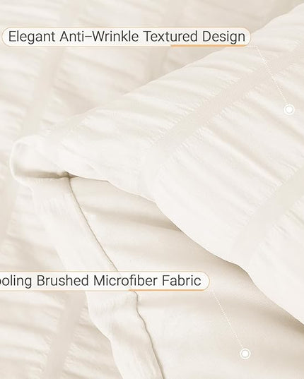 MUXHOMO 7 Pieces Full Comforter Set, Seersucker Bed in a Bag Full Size, All Season Luxury Bedding Set with Comforter, Flat Sheet, Fitted Sheet, Pillowcases & Shams, Ivory