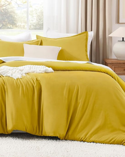 Litanika Mustard Yellow Comforter Set King Size, 3 Pieces Lightweight Solid Bedding Comforter Set, All Season Fluffy Bed Set (104x90In Comforter & 2 Pillowcases)