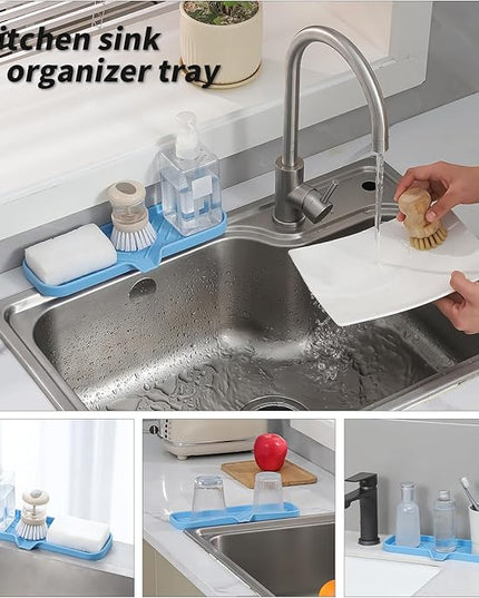Silicone Bathroom Soap Dishes with Drain Spout-Bathroom and Kitchen Sink Organizer,Sponge Holder,Dish Soap Tray,Perfect for Dispenser,Scrubber,Bottle on Sink or Counter-Light Blue 12"×4"